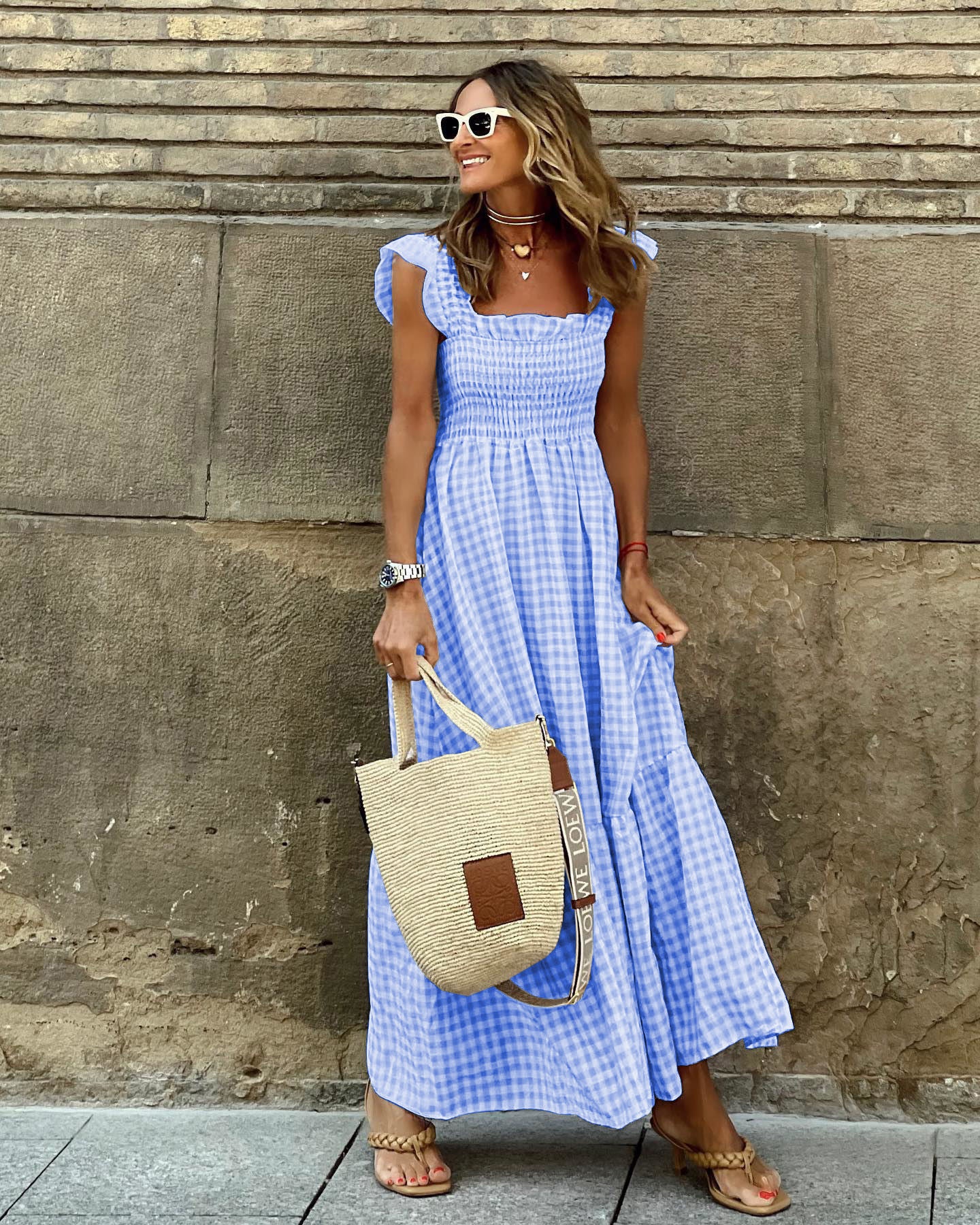 Summer Plaid Print Pleated Ruffle Dress