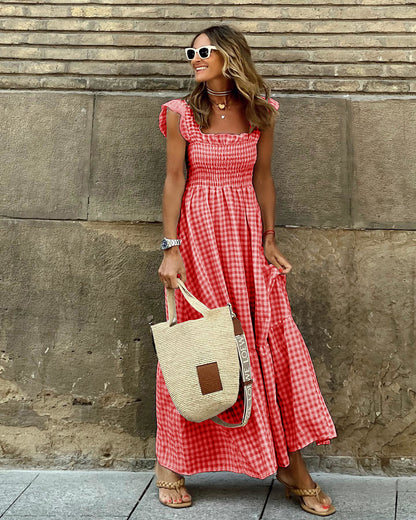 Summer Plaid Print Pleated Ruffle Dress