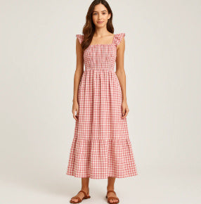 Summer Plaid Print Pleated Ruffle Dress