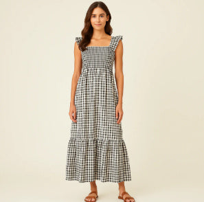 Summer Plaid Print Pleated Ruffle Dress